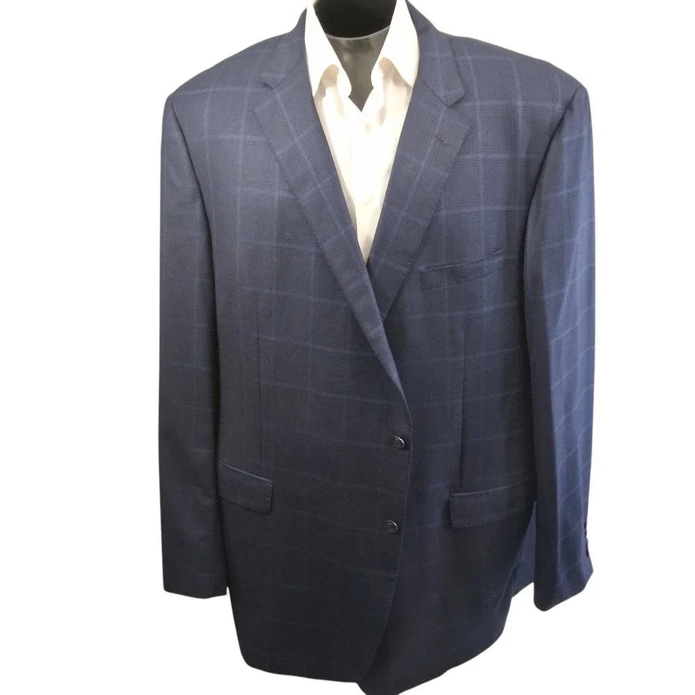 Samuelsohn Mens Blazer 54 Extra Tall Blue Plaid Wool Silk Sport Coat Italy